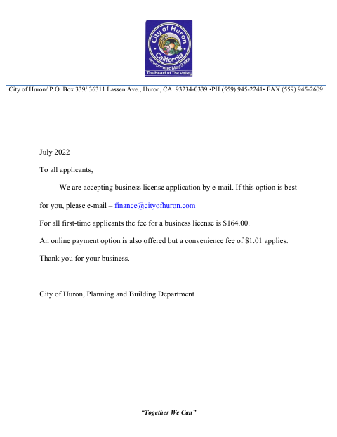 First page of the Business License Application