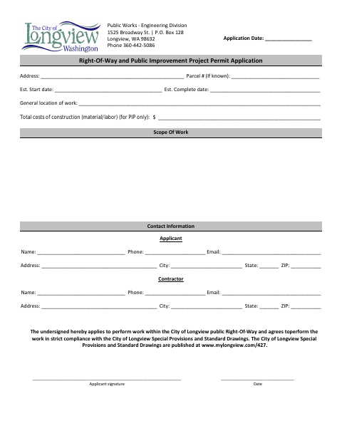 First page of the Right-of-Way and Public Improvement Project Permit Application