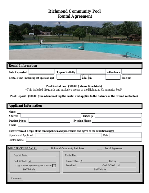 First page of the Community Pool Rental Agreement