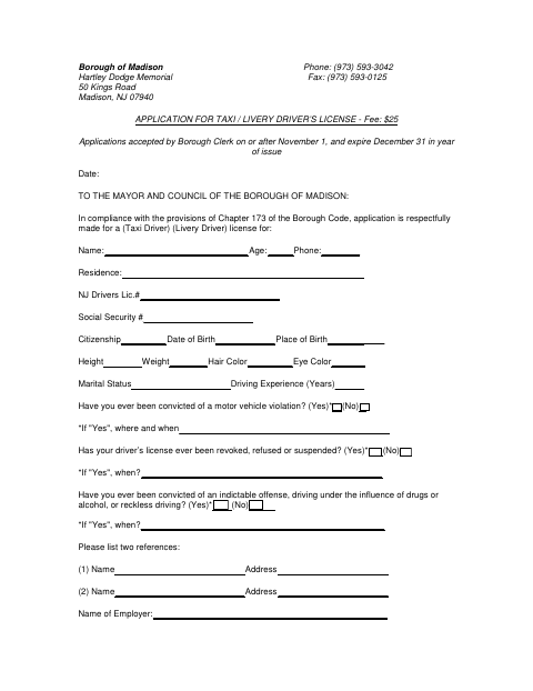 First page of the Taxi / Livery Driver’s License Application