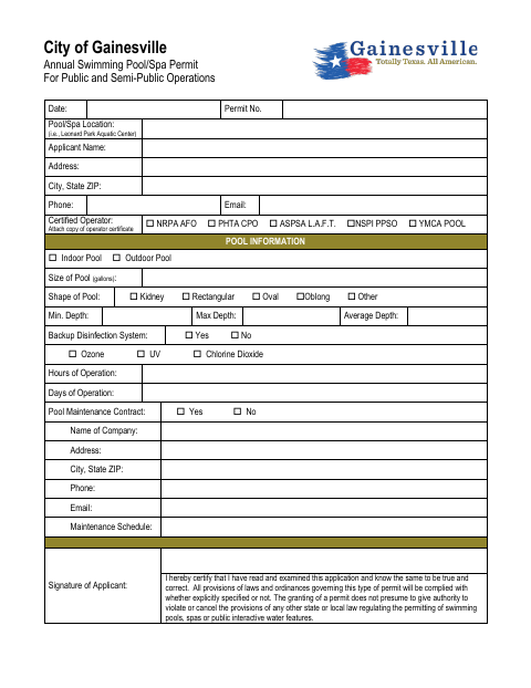 First page of the Annual Swimming Pool/Spa Permit for Public and Semi-Public Operations
