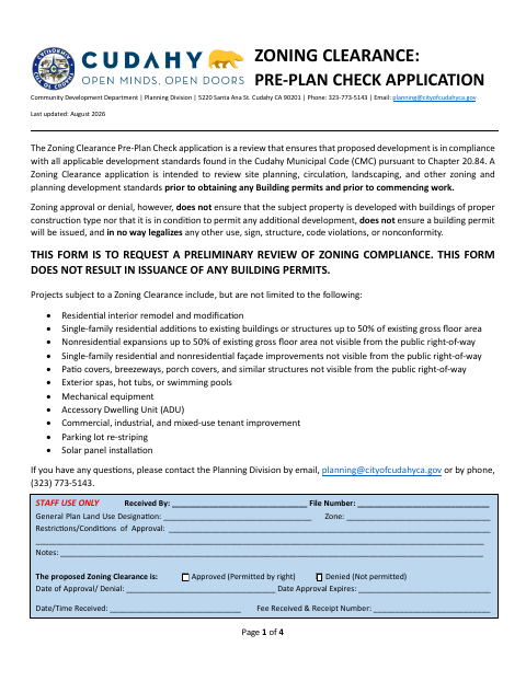 First page of the Zoning Clearance Pre-Plan Check Application