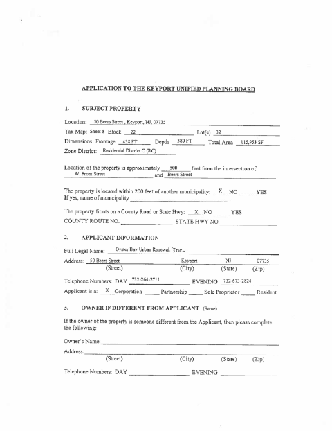 First page of the Unified Planning Board Application