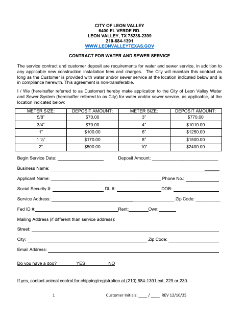 First page of the Contract for Water and Sewer Service