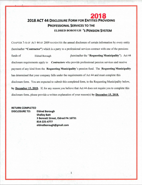 First page of the Act 44 Disclosure Form for Professional Services Contractors