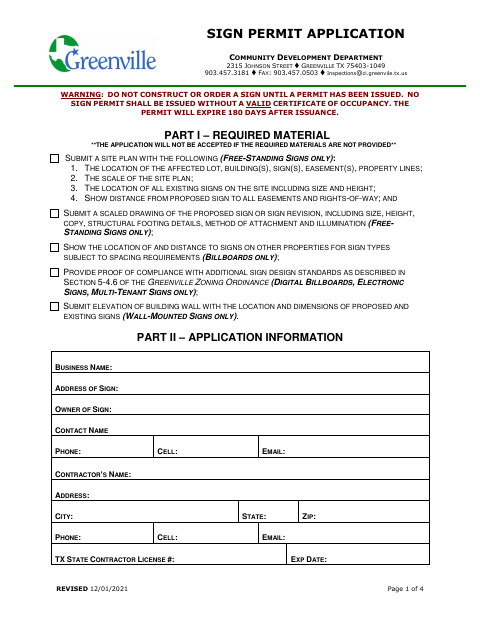 First page of the Sign Permit Application