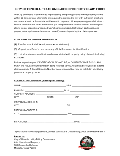 First page of the Unclaimed Property Claim Form
