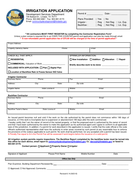 First page of the Irrigation Application