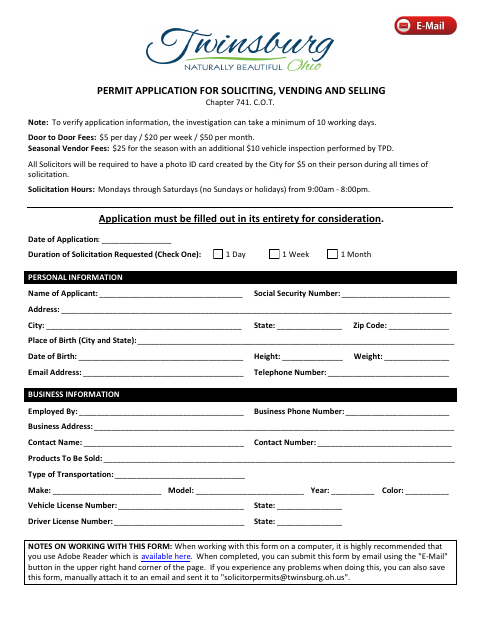 First page of the Permit Application for Soliciting, Vending and Selling