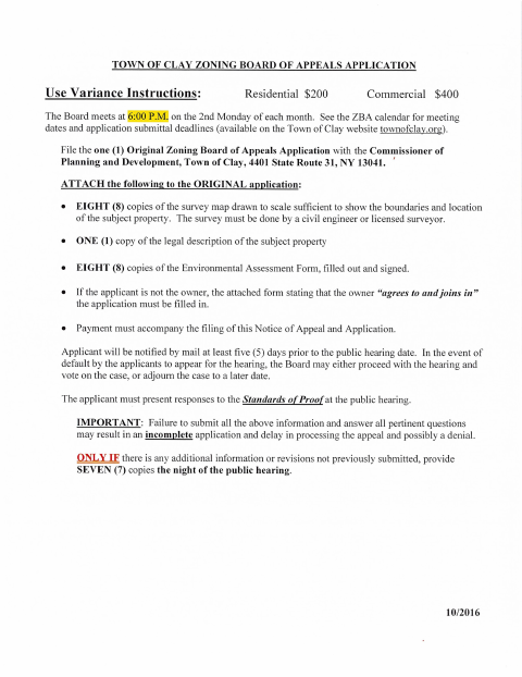 First page of the Use Variance Application