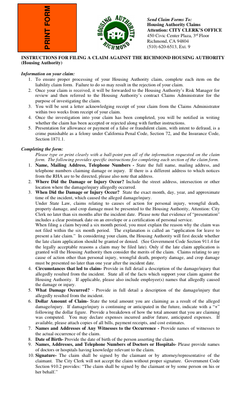 First page of the Claim Form Against Housing Authority