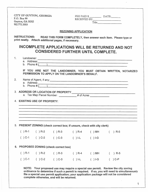 First page of the Rezoning Application