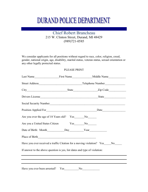 First page of the Police Department Employment Application