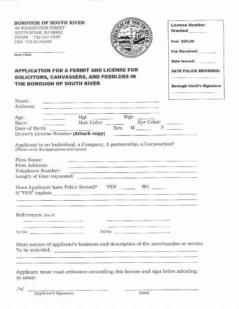 First page of the Solicitors, Canvassers, and Peddlers Application