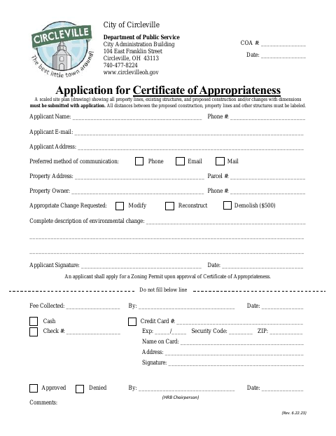 First page of the Certificate of Appropriateness Application