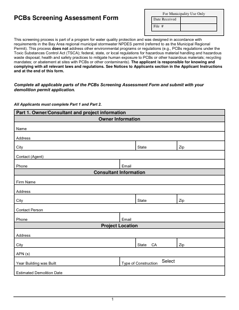 First page of the PCBs Screening Assessment Form