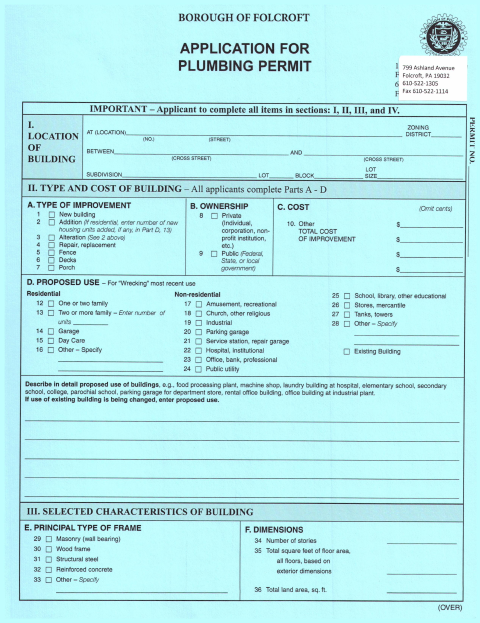 First page of the Plumbing Permit Application