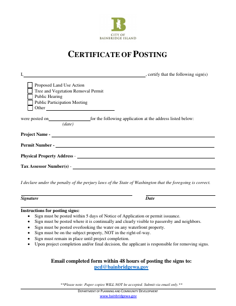 First page of the Certificate of Posting