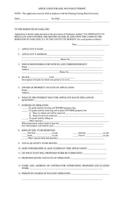 First page of the Soil Movement Permit Application
