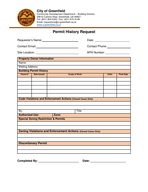 First page of the Permit History Request