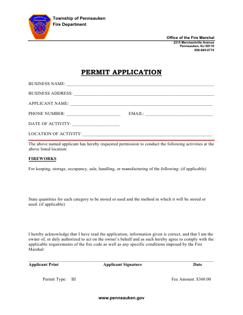 First page of the Fireworks Permit Application