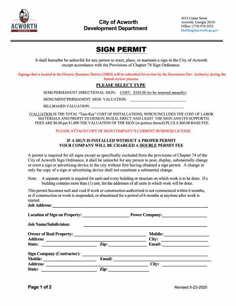 First page of the Sign Permit Application