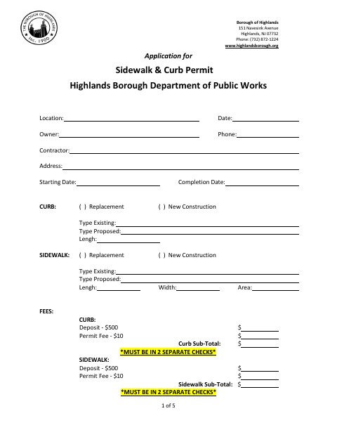 First page of the Application for Sidewalk & Curb Permit