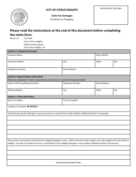First page of the Claim for Damages to Person or Property