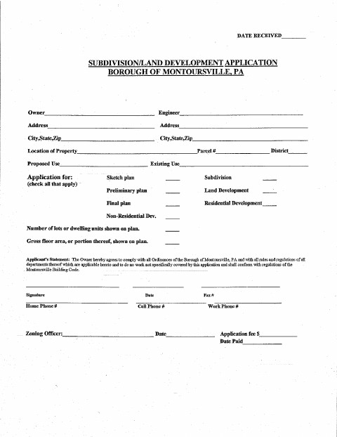 First page of the Subdivision/Land Development Application