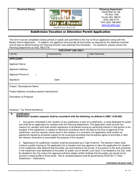 First page of the Subdivision Vacation or Alteration Permit Application