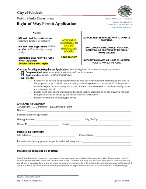 First page of the Right-of-Way Permit Application