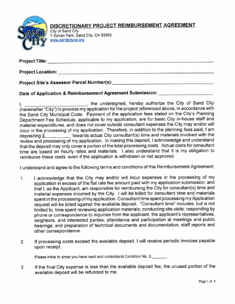 First page of the Discretionary Project Reimbursement Agreement
