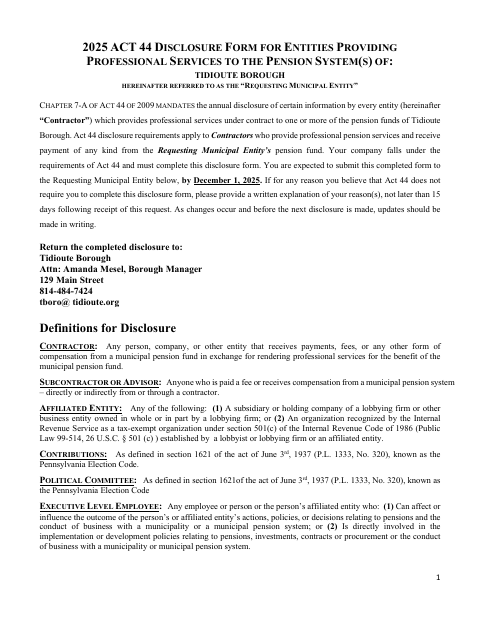 First page of the Act 44 Pension Services Disclosure Form