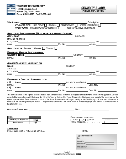 First page of the Security Alarm Permit Application