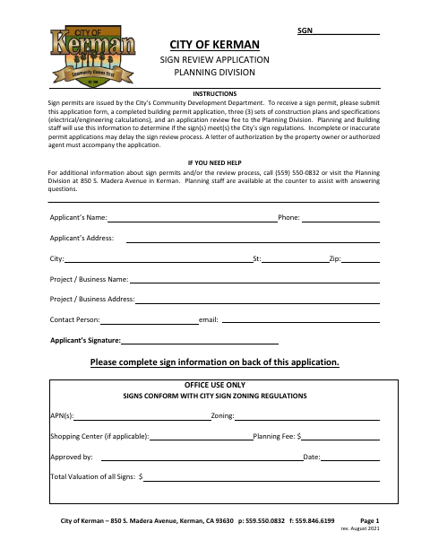 First page of the Sign Review Application
