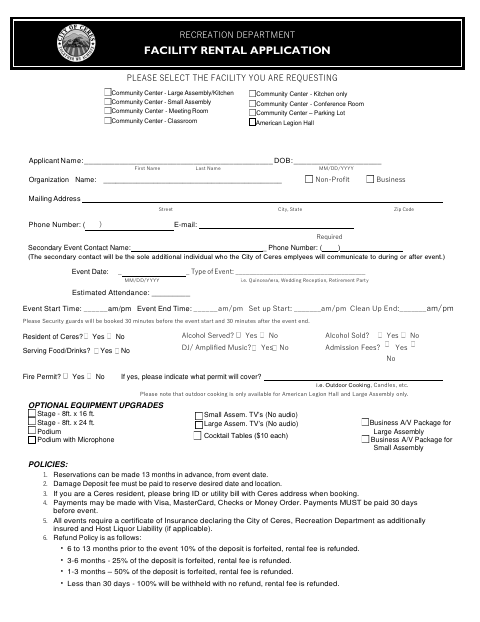 First page of the Facility Rental Application