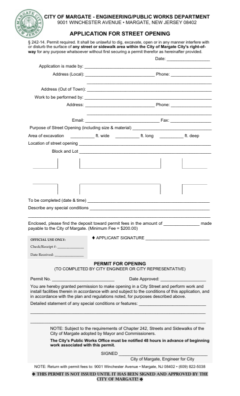 First page of the Application for Street Opening