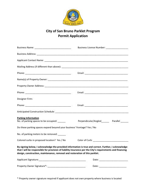 First page of the Parklet Program Permit Application