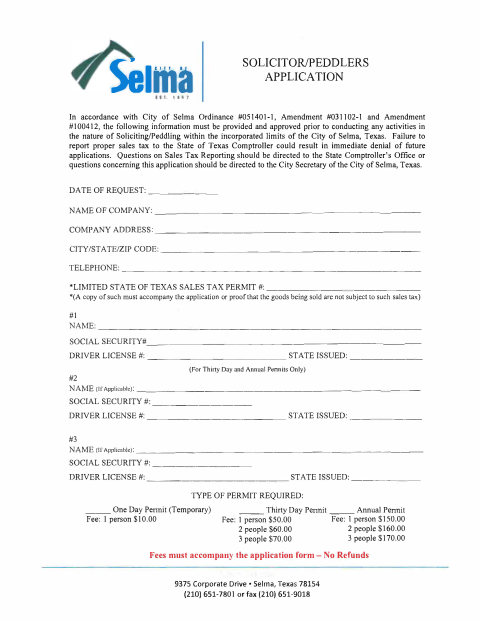 First page of the Solicitor/Peddlers Application