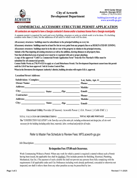 First page of the Commercial Accessory Structure Permit Application