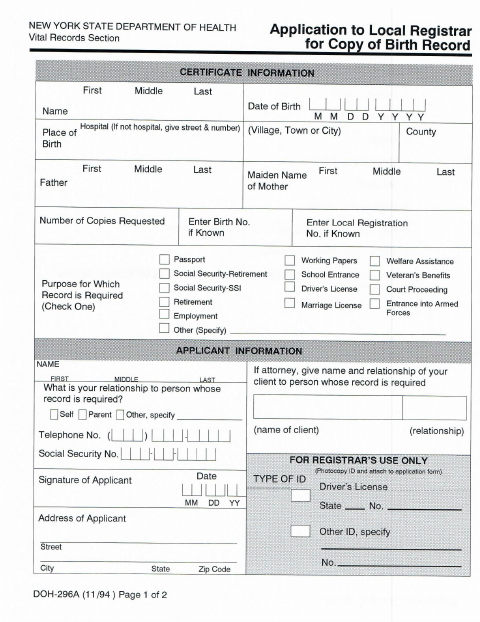 First page of the Application for Birth or Death Records