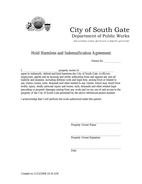 First page of the Hold Harmless and Indemnification Agreement