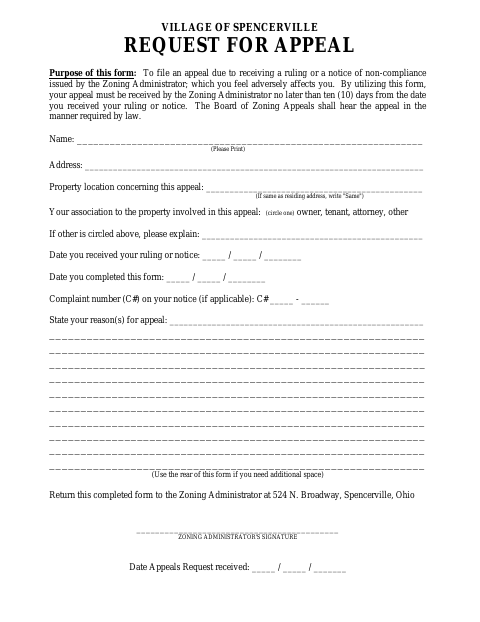 First page of the Request for Appeal Form
