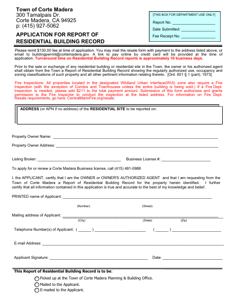 First page of the Application for Report of Residential Building Record
