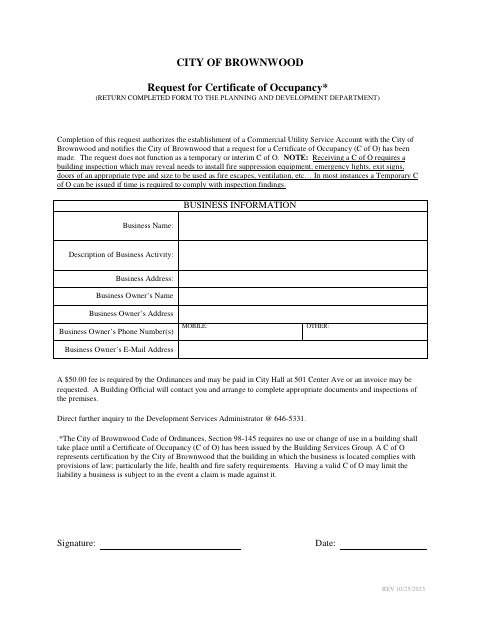 First page of the Request for Certificate of Occupancy