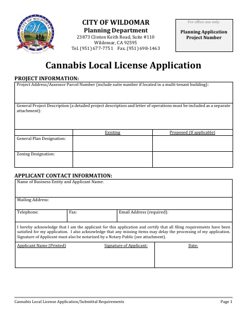 First page of the Cannabis Local License Application