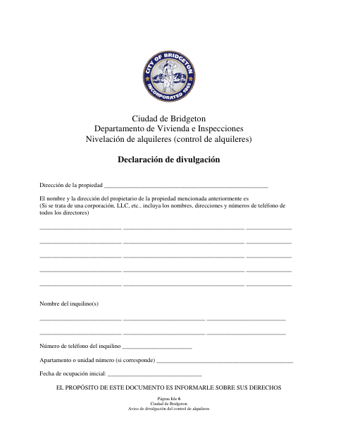 First page of the Rent Control Disclosure Statement