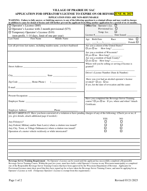 First page of the Operator’s License Application