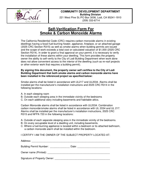 First page of the Self-Verification Form for Smoke & Carbon Monoxide Alarms