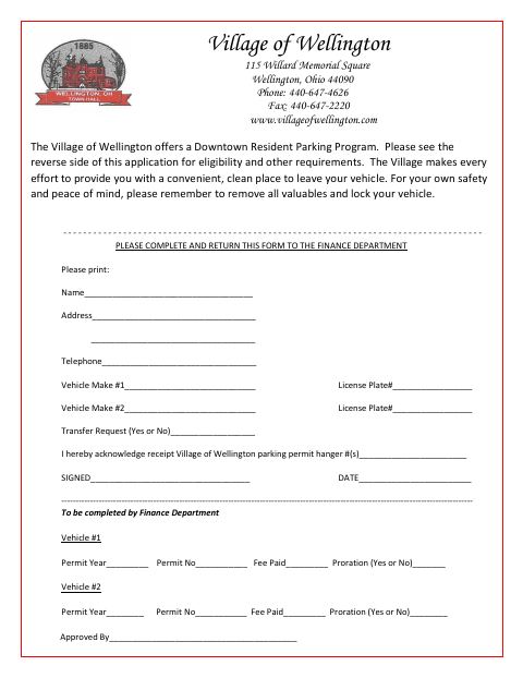 First page of the Downtown Resident Parking Program Application
